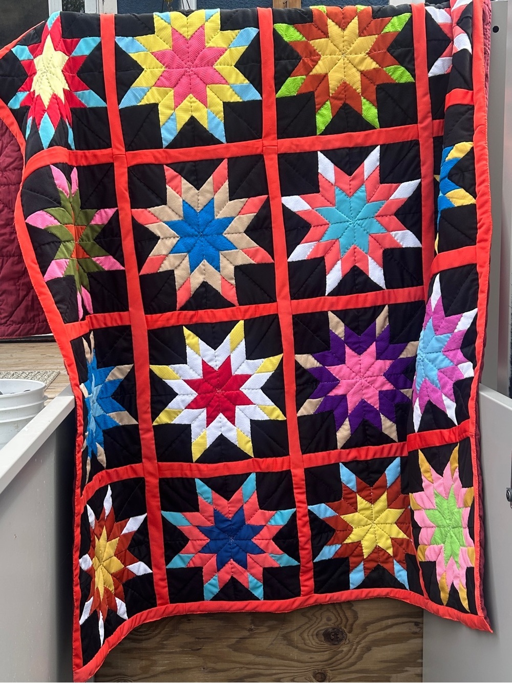 65” x 90” Handmade Multicolor Star Patchwork Quilt - Red Sashing